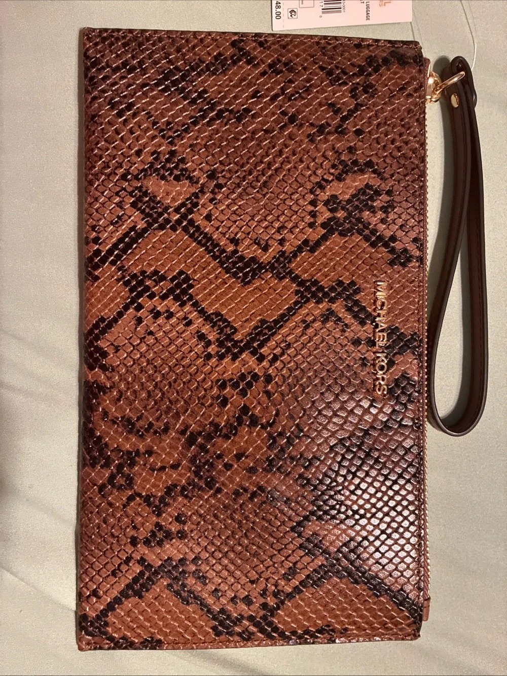 Michael Kors Brown Snake-Print Wristlet Clutch with Gold Hardware